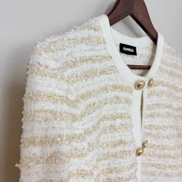 Express Womens M Lady Jacket Cream Gold Tweed Knit Cardigan Old Money Classic - Picture 6 of 13